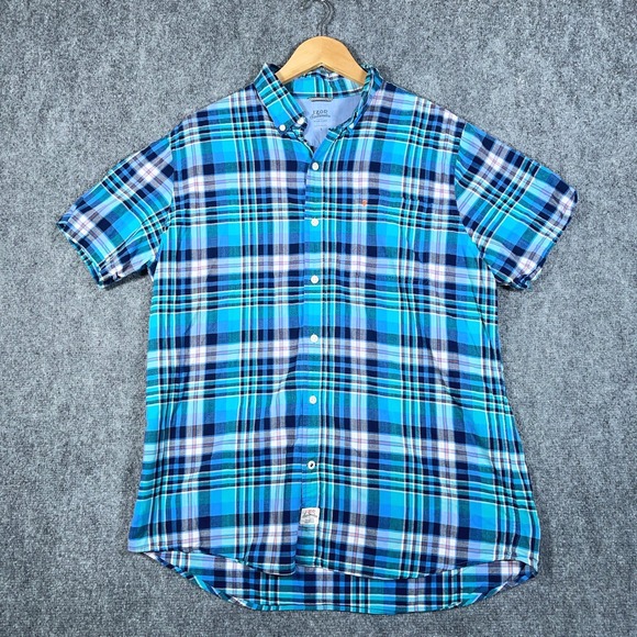 Izod Other - IZOD Saltwater Shirt Mens L Blue‎ Plaid Short Sleeve Relaxed Classics  #AB439